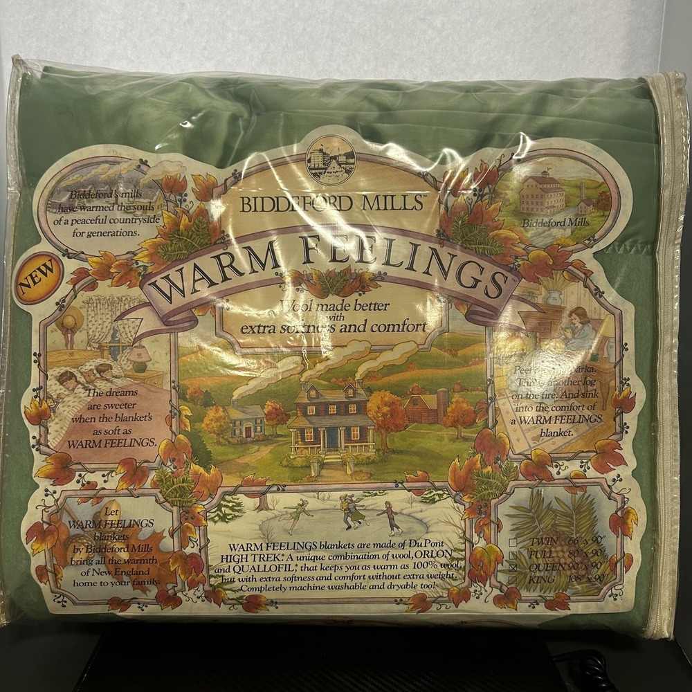 Biddeford Mills Blanket Warm Feelings Green, Queen Wool Blend USA 90x90 NEW